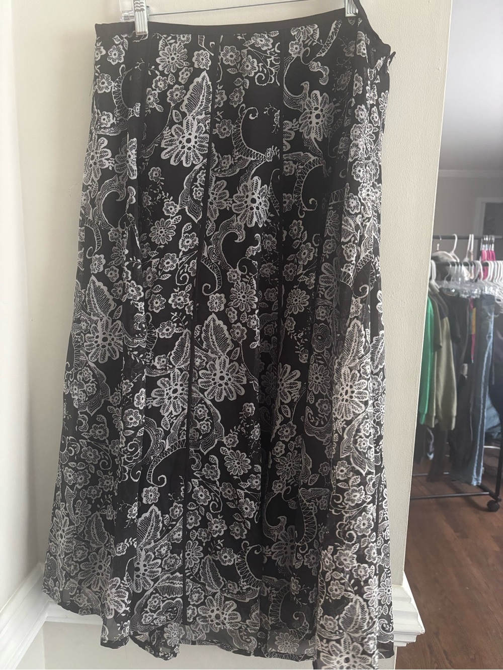 Boho Whimsigoth Fairy Maximalism Black White Floral Paisley Lined 2X Maxi Skirt